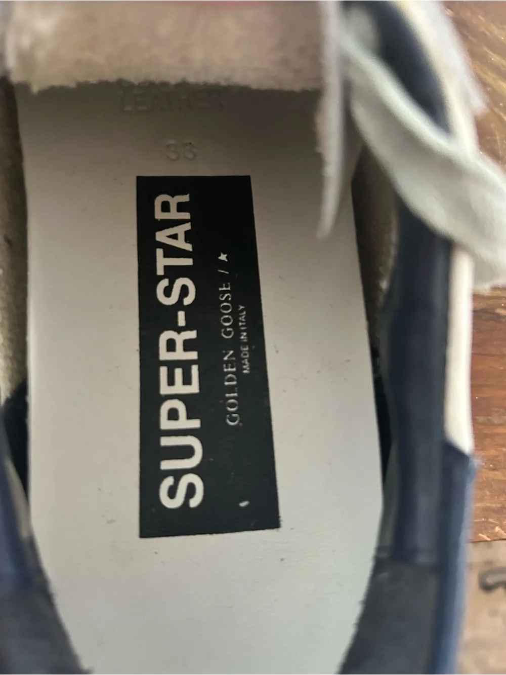 Golden Goose 38 Men’s 6 White Leather Sneakers with Navy Heel tab and Gray Star